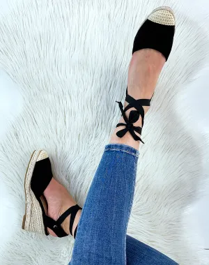 Espadrilles en suédine noire à talon compensé