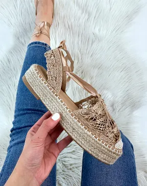 Espadrilles rose gold à talon en jute