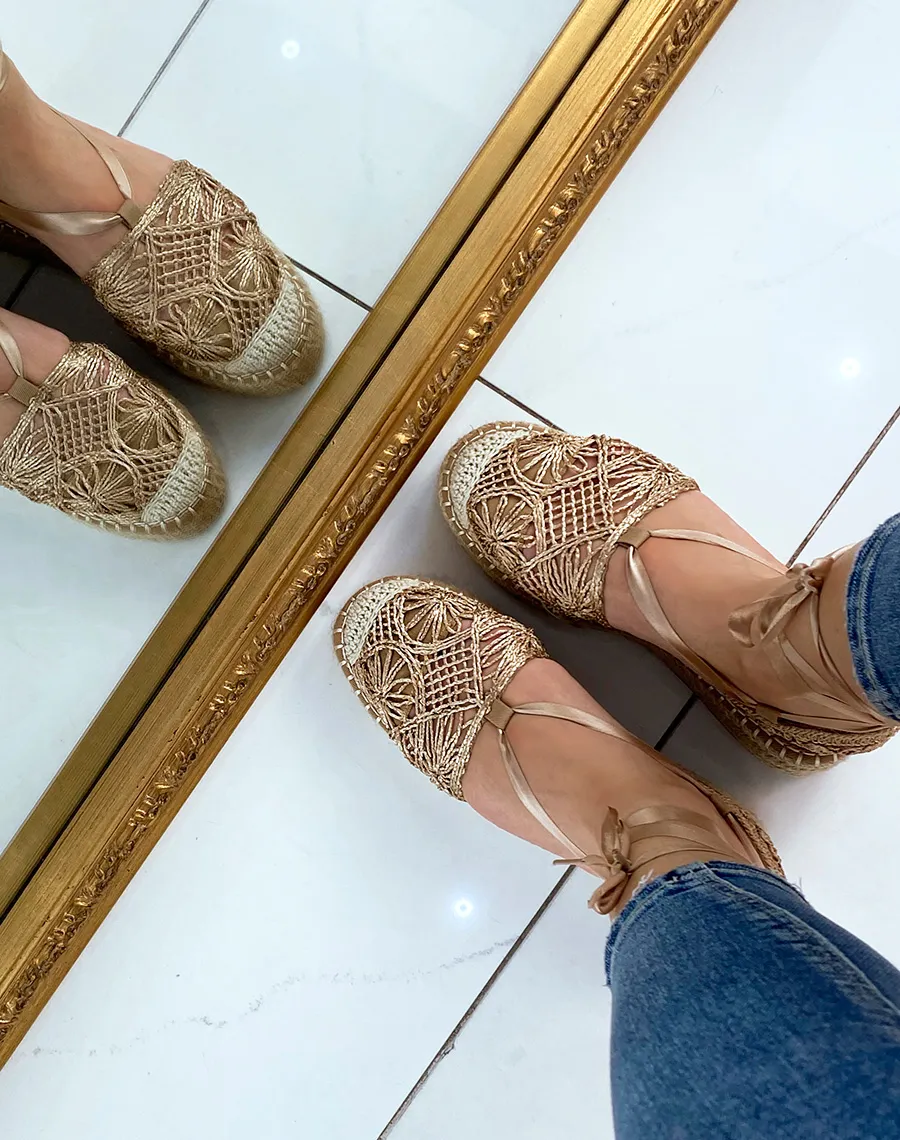 Espadrilles rose gold à talon en jute
