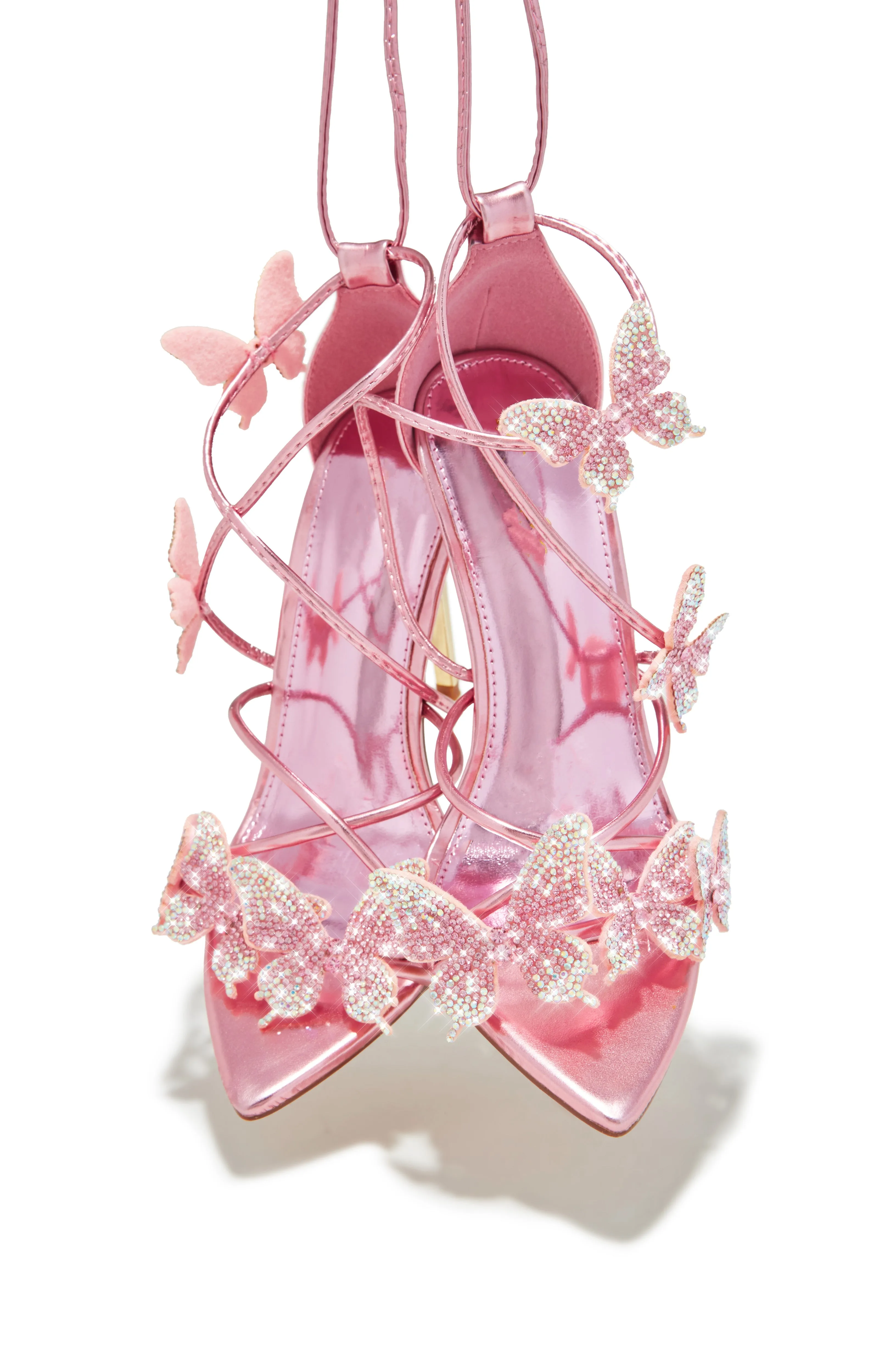 Fantasy Dreams Butterfly Embellished Lace Up Heels - Pink
