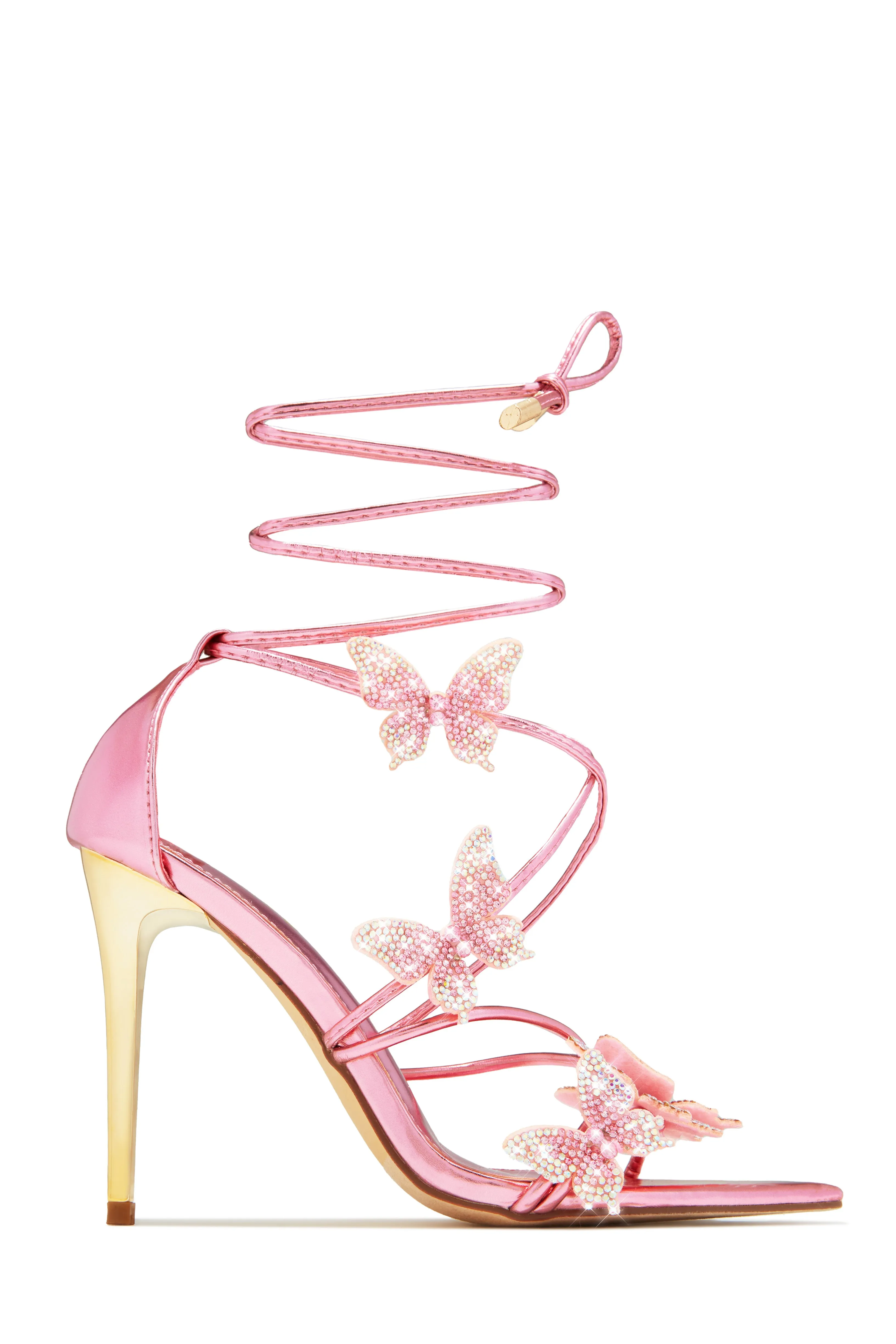 Fantasy Dreams Butterfly Embellished Lace Up Heels - Pink