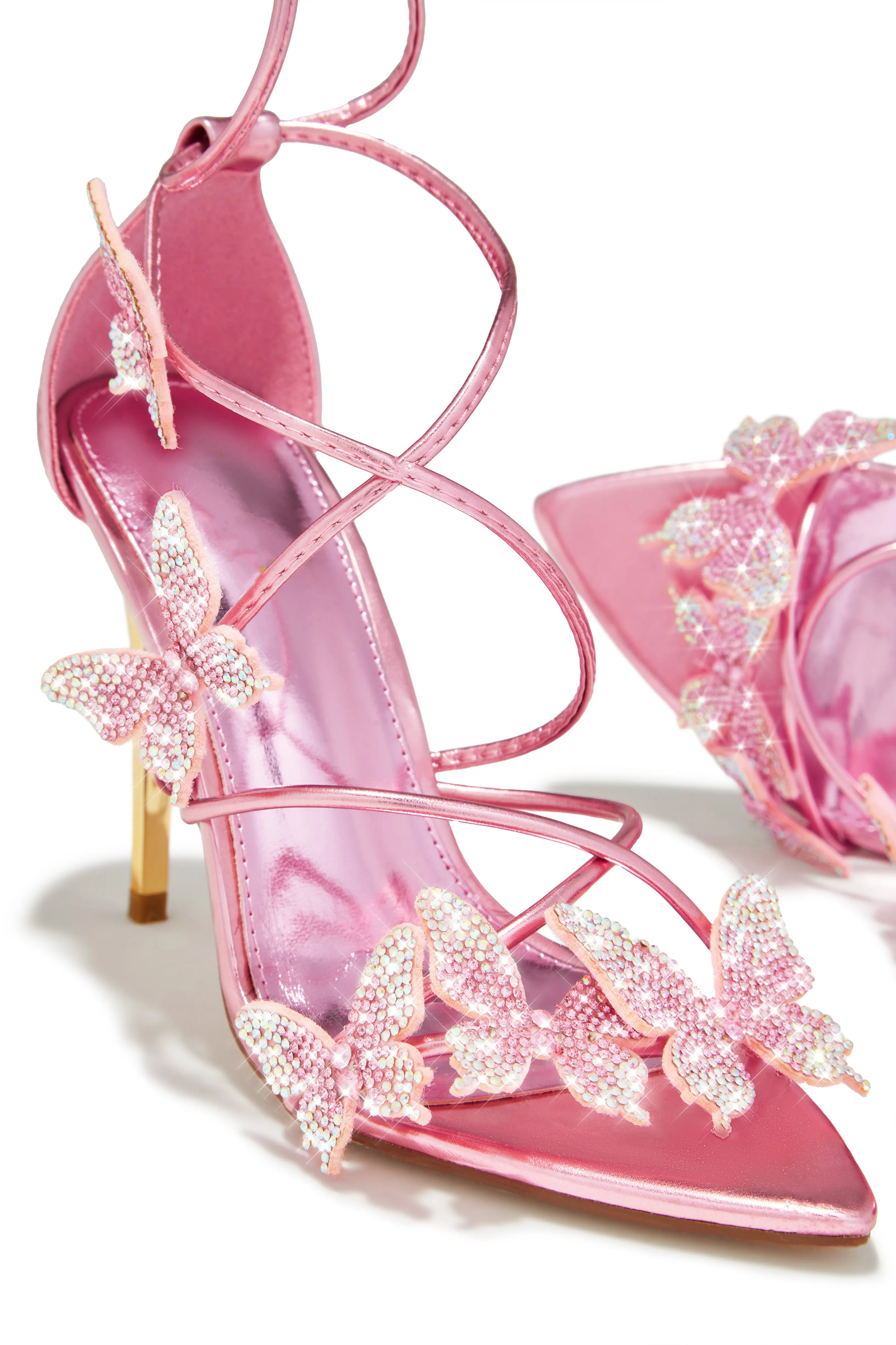 Fantasy Dreams Butterfly Embellished Lace Up Heels - Pink