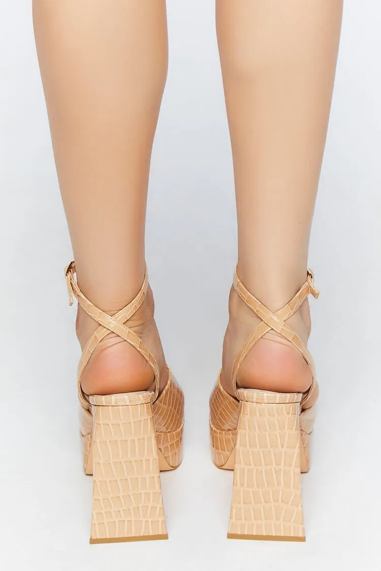 Faux Croc Platform Flare Heels