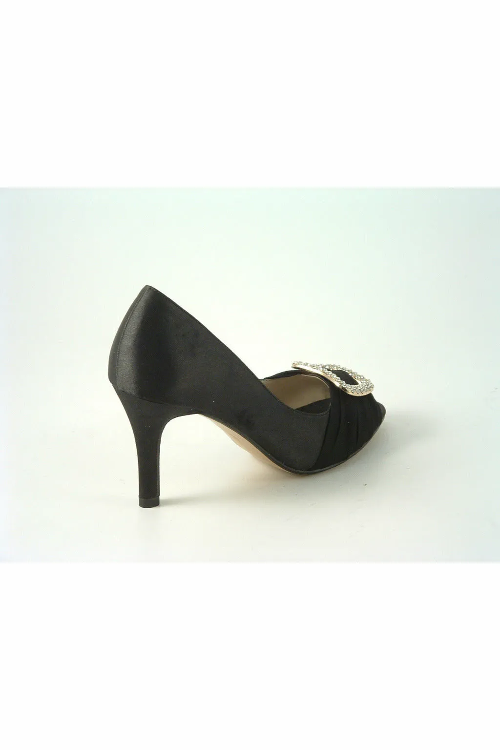 Glitz Shoes Diamante Black Satin Mid Heel Peep Toe Shoe