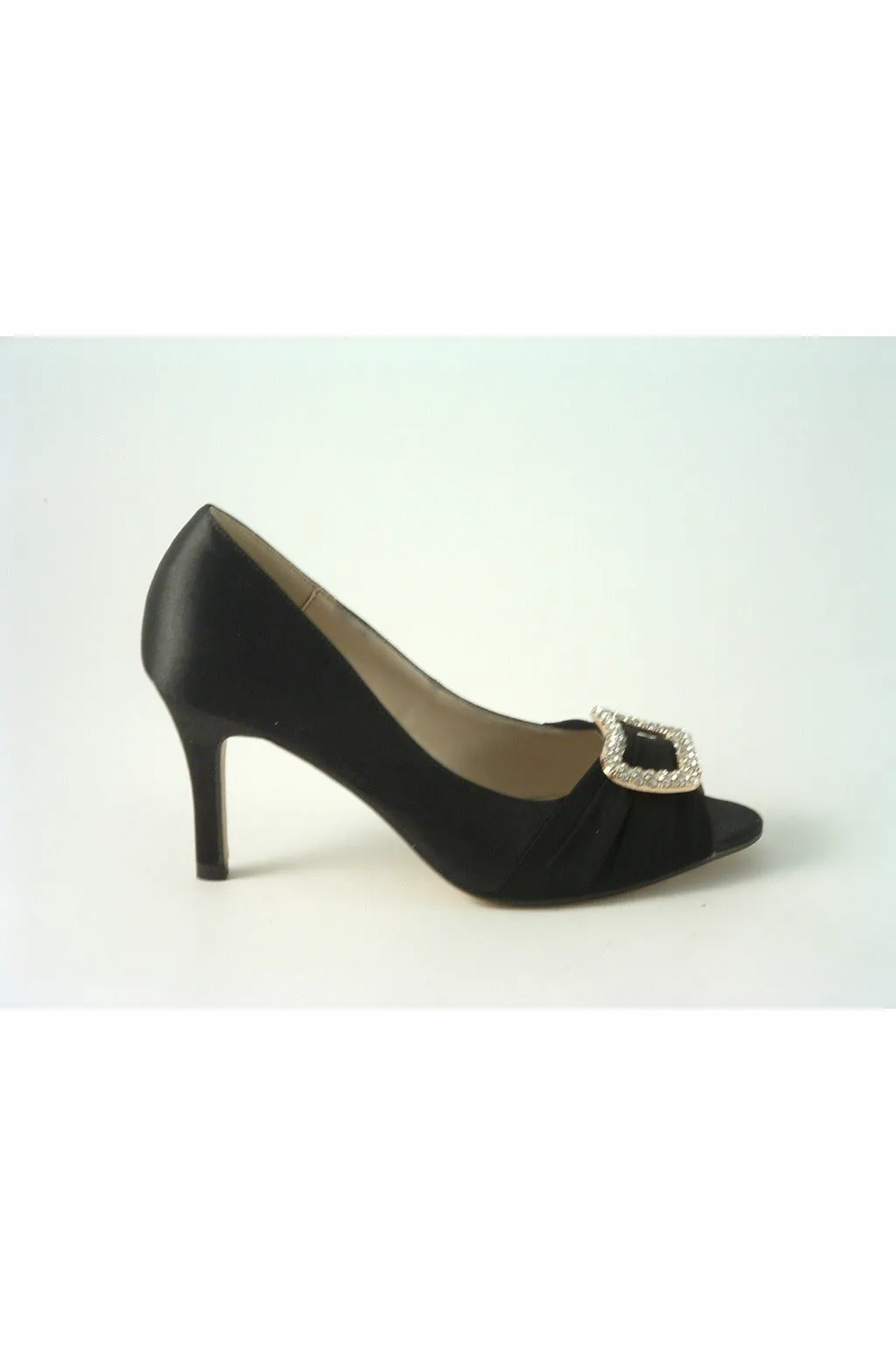 Glitz Shoes Diamante Black Satin Mid Heel Peep Toe Shoe