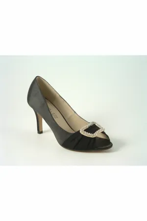 Glitz Shoes Diamante Black Satin Mid Heel Peep Toe Shoe