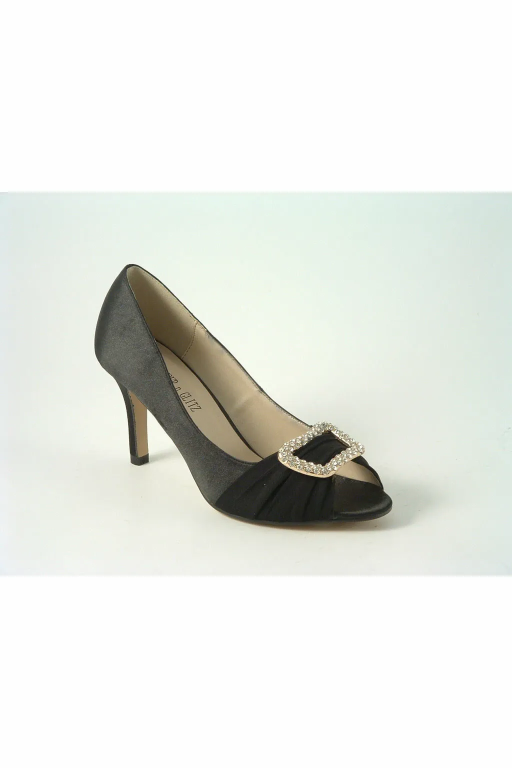 Glitz Shoes Diamante Black Satin Mid Heel Peep Toe Shoe