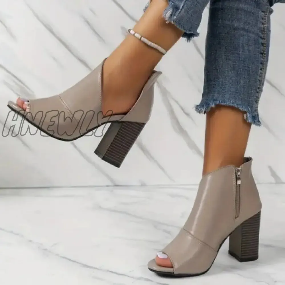 Hnewly - Grey Casual Patchwork Asymmetrical Fish Mouth Out Door Wedges Shoes (Heel Height 3.54in)