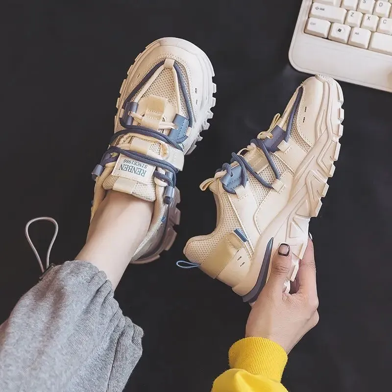 Hnzxzm Sweet Womens Sports Shoes Fashion Korean Style Netting Women Sneakers 2024 Autumn Casual Patchwork Lace Up Sneakers