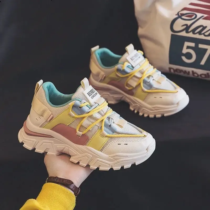 Hnzxzm Sweet Womens Sports Shoes Fashion Korean Style Netting Women Sneakers 2024 Autumn Casual Patchwork Lace Up Sneakers
