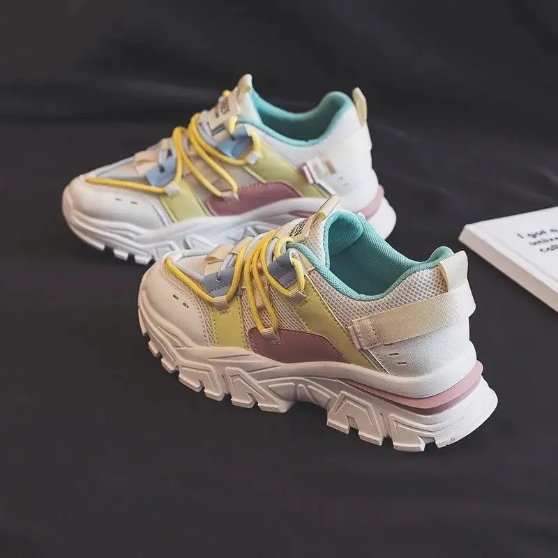 Hnzxzm Sweet Womens Sports Shoes Fashion Korean Style Netting Women Sneakers 2024 Autumn Casual Patchwork Lace Up Sneakers