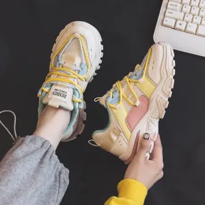 Hnzxzm Sweet Womens Sports Shoes Fashion Korean Style Netting Women Sneakers 2024 Autumn Casual Patchwork Lace Up Sneakers