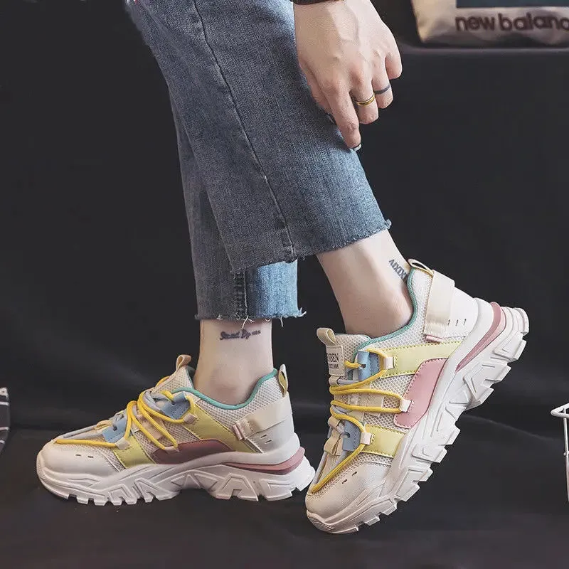 Hnzxzm Sweet Womens Sports Shoes Fashion Korean Style Netting Women Sneakers 2024 Autumn Casual Patchwork Lace Up Sneakers