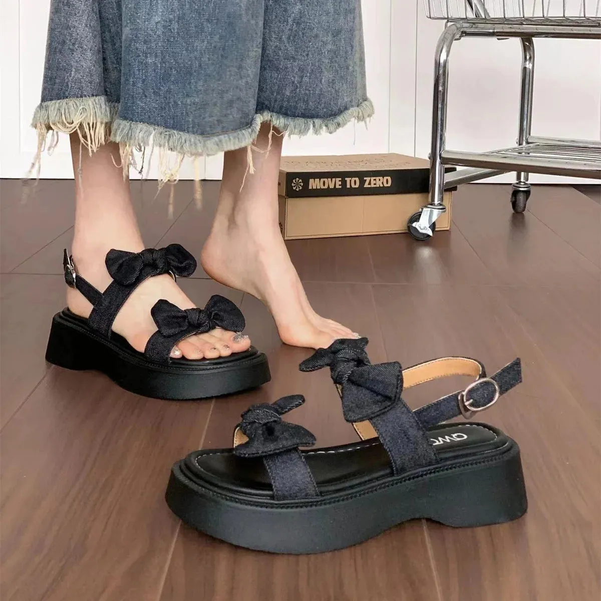 Hnzxzm Women's Shoes Bow Summer 2024 with Medium Heels Sandals for Woman Wedge Platform Waterproof Footwear Open Toe Blue Sandal Daily