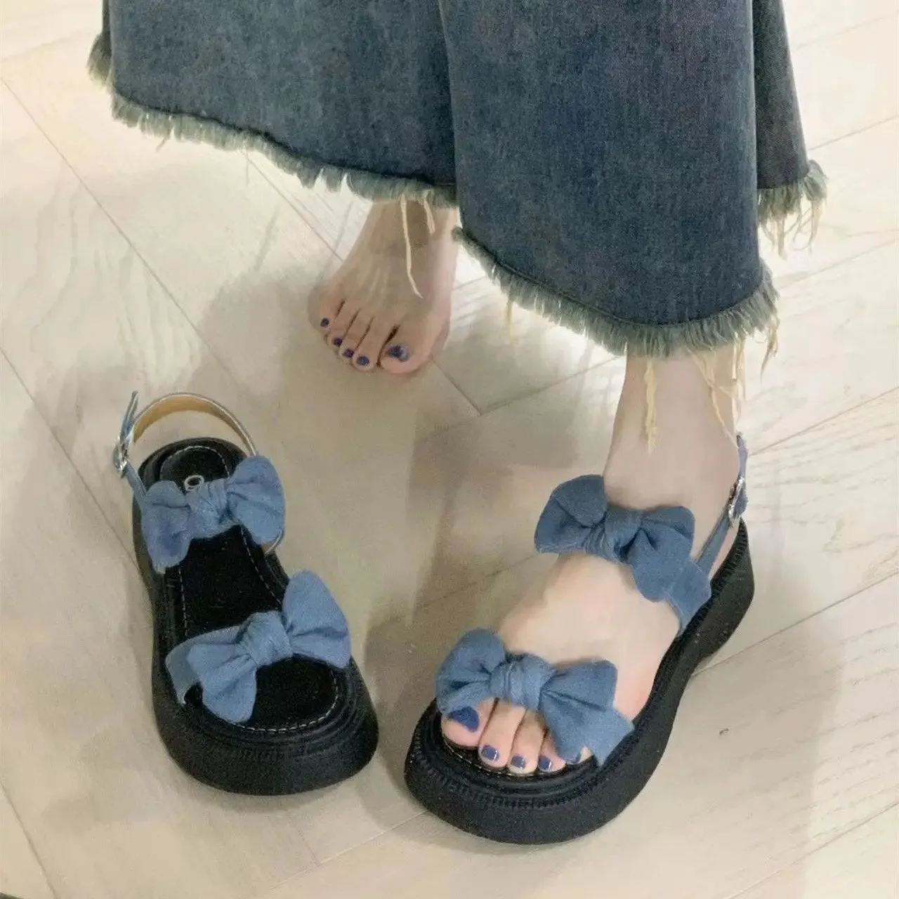 Hnzxzm Women's Shoes Bow Summer 2024 with Medium Heels Sandals for Woman Wedge Platform Waterproof Footwear Open Toe Blue Sandal Daily
