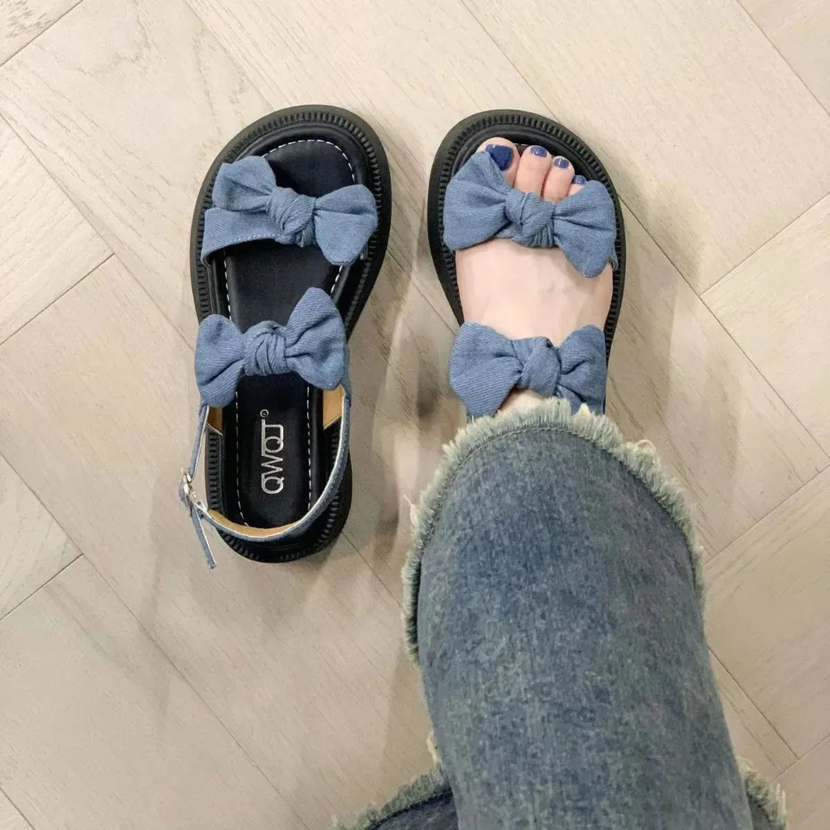 Hnzxzm Women's Shoes Bow Summer 2024 with Medium Heels Sandals for Woman Wedge Platform Waterproof Footwear Open Toe Blue Sandal Daily