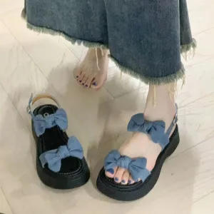 Hnzxzm Women's Shoes Bow Summer 2024 with Medium Heels Sandals for Woman Wedge Platform Waterproof Footwear Open Toe Blue Sandal Daily
