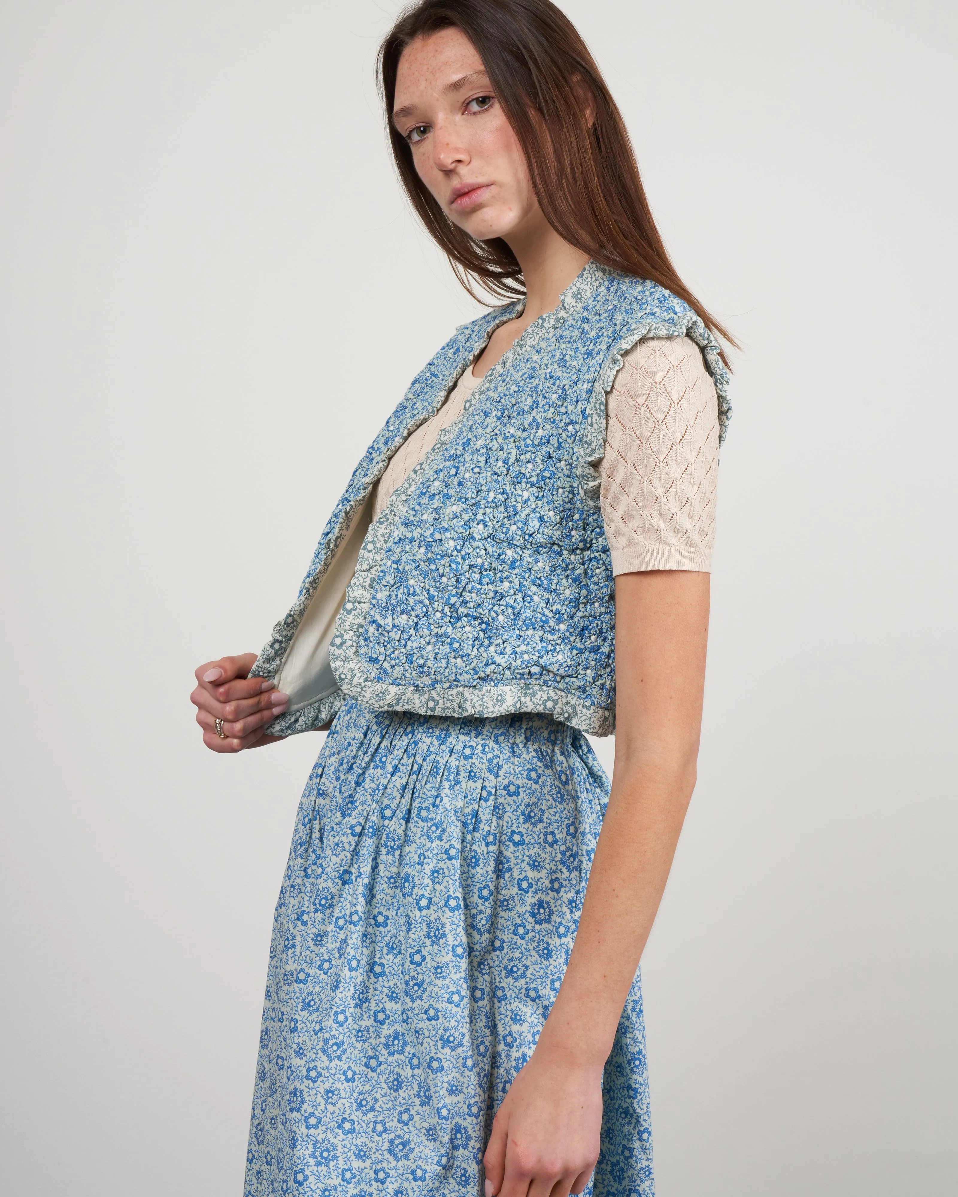 ida print quilted vest - blue