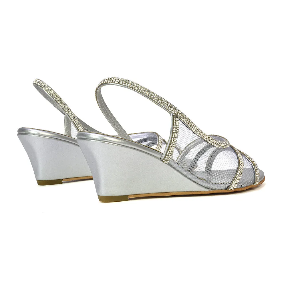 Indy Strappy Diamante Sandal Wedge Heels with Mesh in Gold