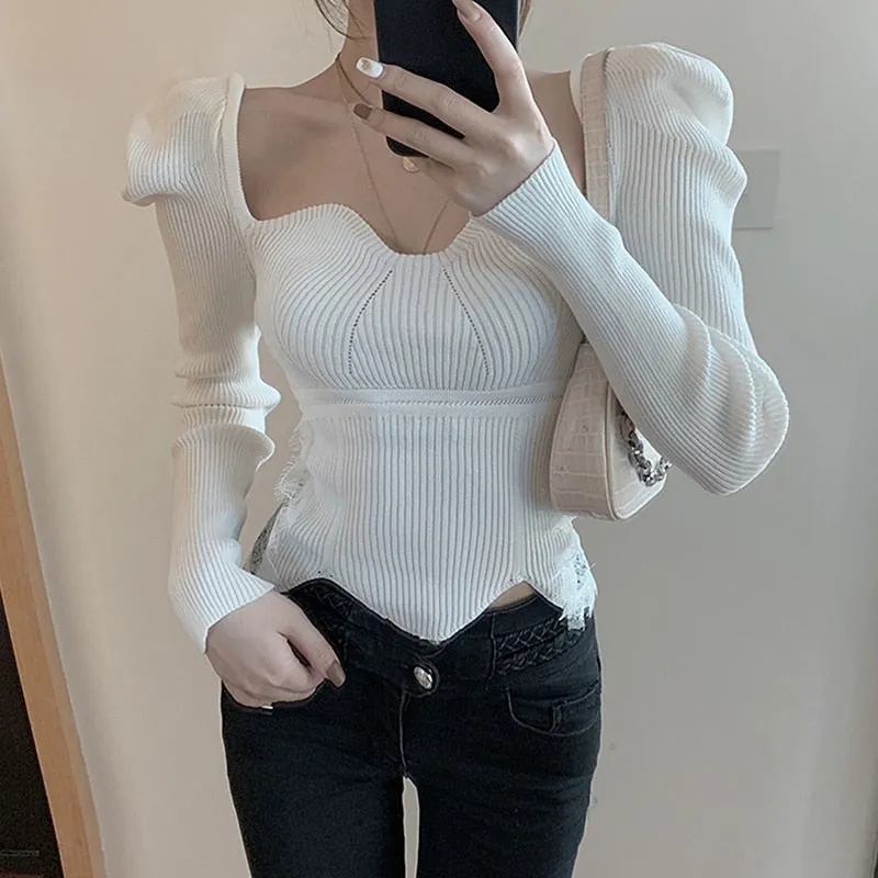 Joskaa Christmas Gift Korean White Sweaters Women Winter Clothing Lace Patchwork Sweater Square Collar Puff Sleeve Women's Sweaters Pullover Jumper