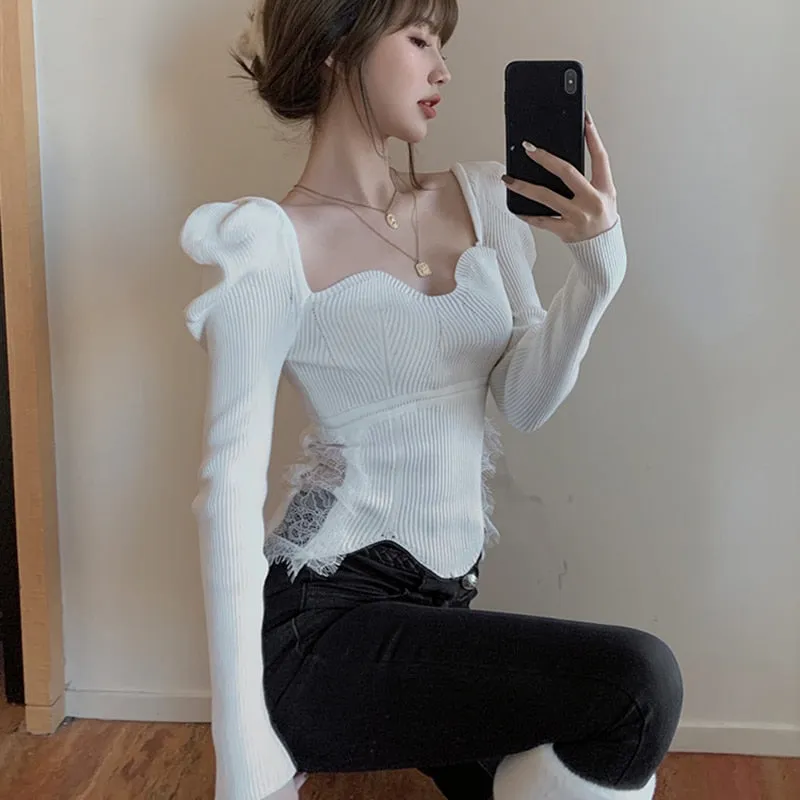 Joskaa Christmas Gift Korean White Sweaters Women Winter Clothing Lace Patchwork Sweater Square Collar Puff Sleeve Women's Sweaters Pullover Jumper