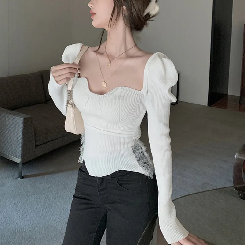 Joskaa Christmas Gift Korean White Sweaters Women Winter Clothing Lace Patchwork Sweater Square Collar Puff Sleeve Women's Sweaters Pullover Jumper