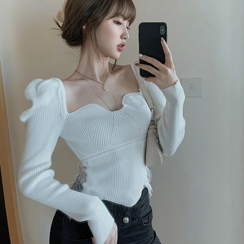 Joskaa Christmas Gift Korean White Sweaters Women Winter Clothing Lace Patchwork Sweater Square Collar Puff Sleeve Women's Sweaters Pullover Jumper