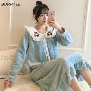 Joskaa Christmas Gift Nightgowns Women Winter Flannel Princess Solid Lace Bow Plus-Velvet Thicken Warm Soft Loose Casual Sweet Girls Sleepshirt Coral