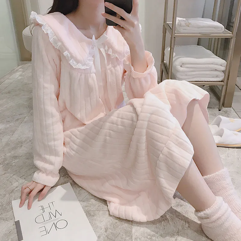 Joskaa Christmas Gift Nightgowns Women Winter Flannel Princess Solid Lace Bow Plus-Velvet Thicken Warm Soft Loose Casual Sweet Girls Sleepshirt Coral