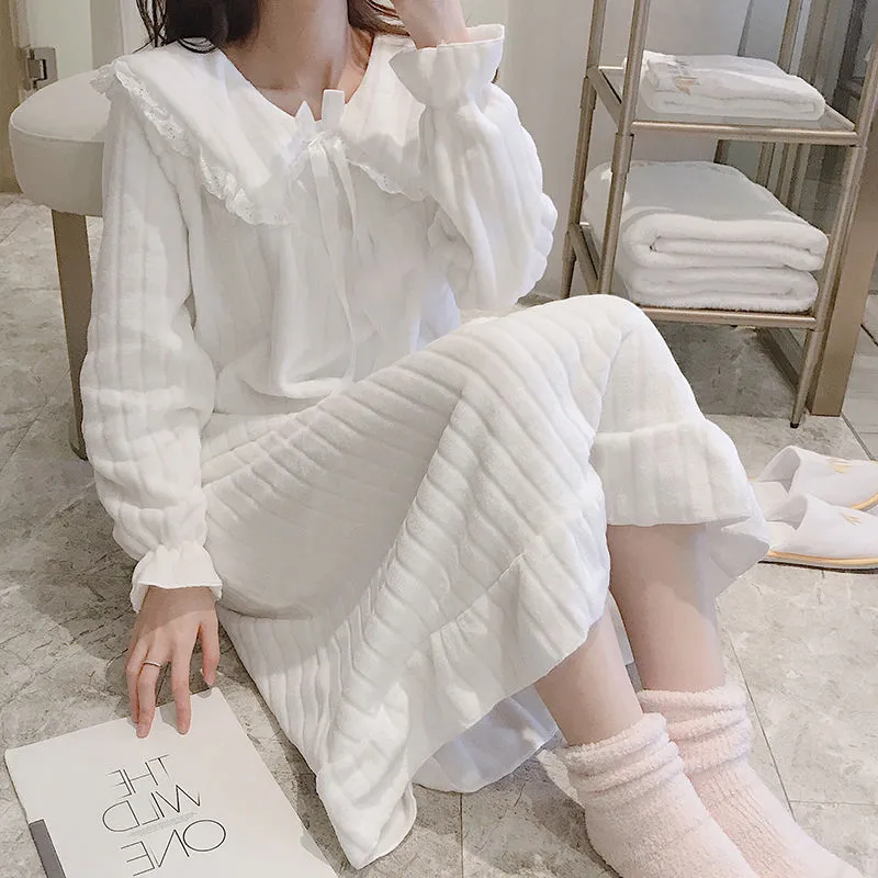 Joskaa Christmas Gift Nightgowns Women Winter Flannel Princess Solid Lace Bow Plus-Velvet Thicken Warm Soft Loose Casual Sweet Girls Sleepshirt Coral