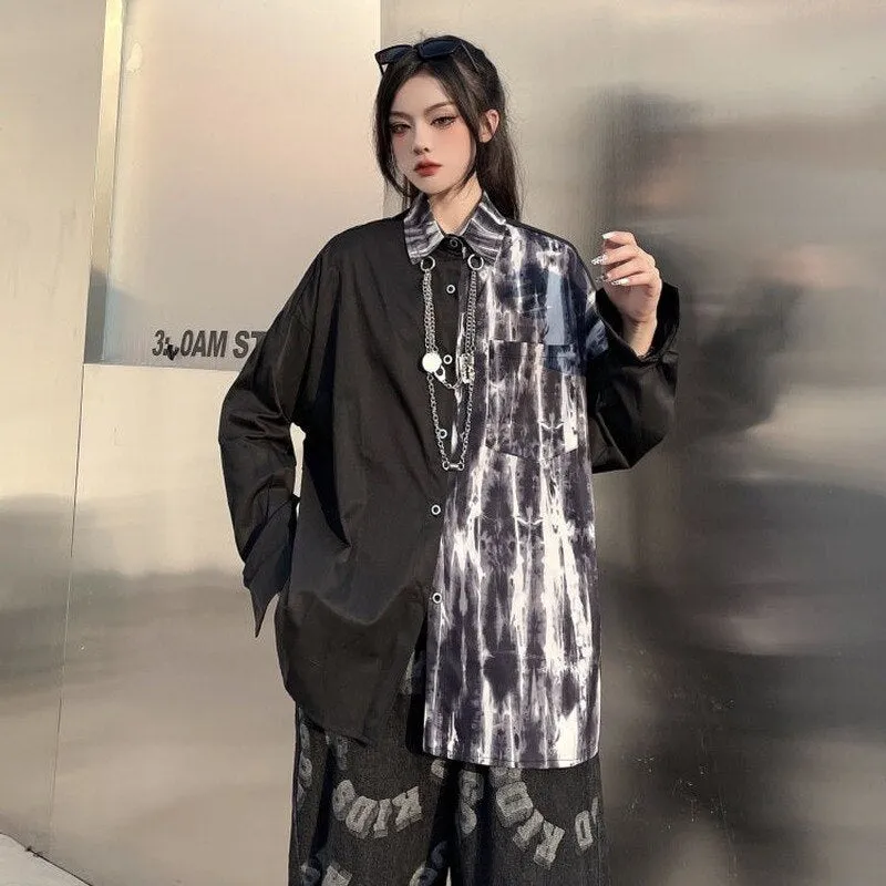Joskaa Christmas Gift QWEEK Gothic Shirt Women Patchwork Black Long Sleeve Blouse Goth Oversized Streetwear Grunge Graphic Cardigan 2024 Alt Clothes
