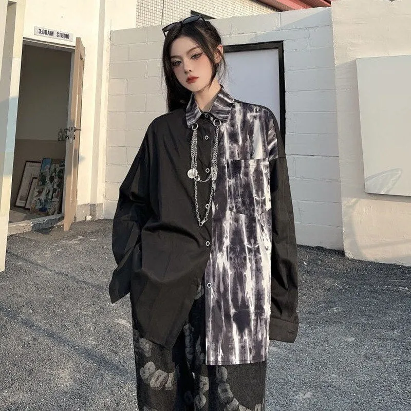 Joskaa Christmas Gift QWEEK Gothic Shirt Women Patchwork Black Long Sleeve Blouse Goth Oversized Streetwear Grunge Graphic Cardigan 2024 Alt Clothes