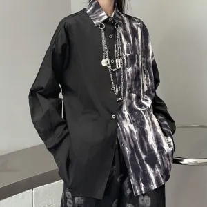 Joskaa Christmas Gift QWEEK Gothic Shirt Women Patchwork Black Long Sleeve Blouse Goth Oversized Streetwear Grunge Graphic Cardigan 2024 Alt Clothes