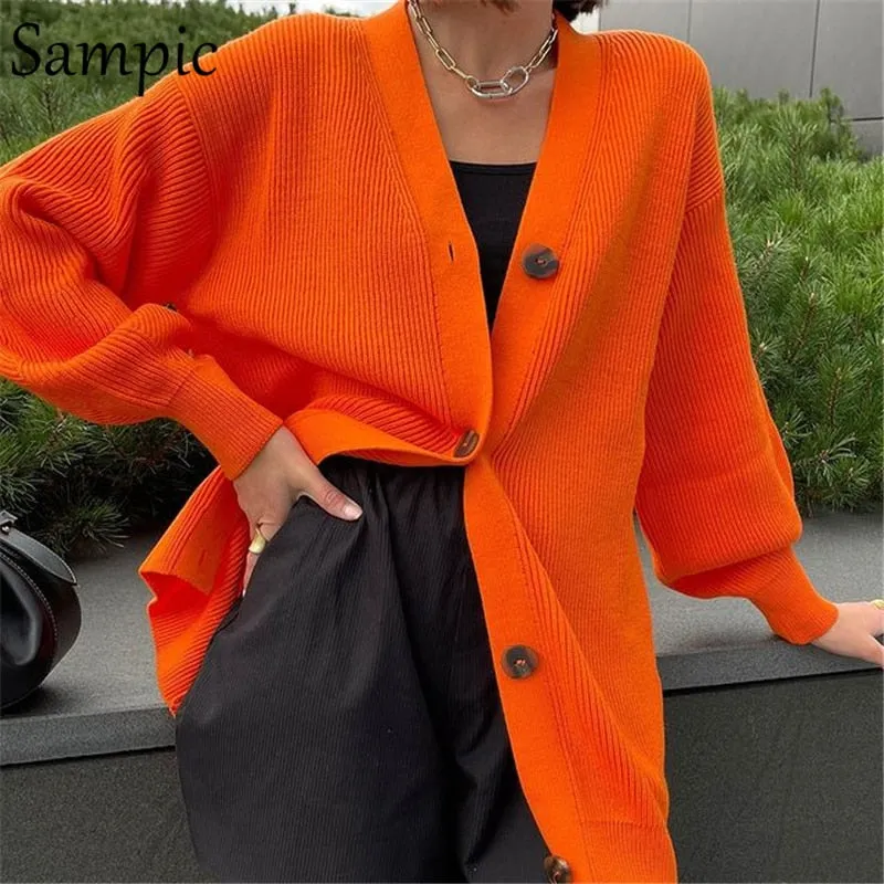 Joskaa Christmas Gift Sampic Loose Patchwork Knitwear Winter 2024 Women Cardigans Tops Oversized Long Sleeve Y2K V Neck Sweater Casual Fashion Tops