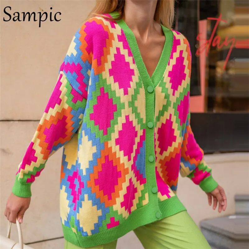 Joskaa Christmas Gift Sampic Loose Patchwork Knitwear Winter 2024 Women Cardigans Tops Oversized Long Sleeve Y2K V Neck Sweater Casual Fashion Tops