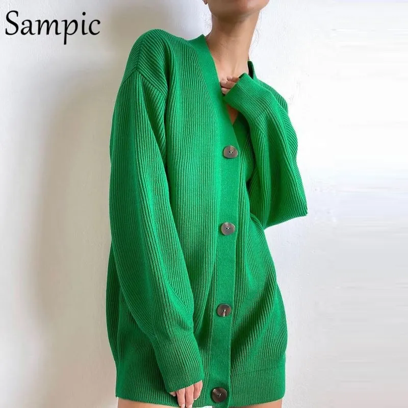 Joskaa Christmas Gift Sampic Loose Patchwork Knitwear Winter 2024 Women Cardigans Tops Oversized Long Sleeve Y2K V Neck Sweater Casual Fashion Tops