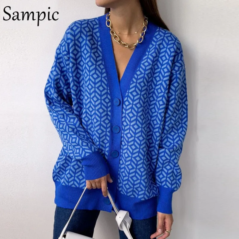 Joskaa Christmas Gift Sampic Loose Patchwork Knitwear Winter 2024 Women Cardigans Tops Oversized Long Sleeve Y2K V Neck Sweater Casual Fashion Tops