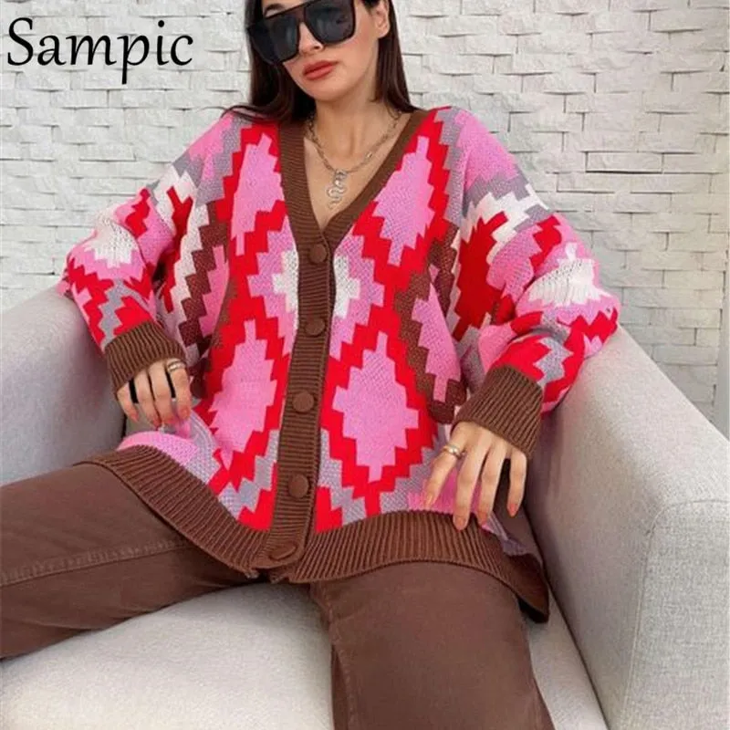 Joskaa Christmas Gift Sampic Loose Patchwork Knitwear Winter 2024 Women Cardigans Tops Oversized Long Sleeve Y2K V Neck Sweater Casual Fashion Tops