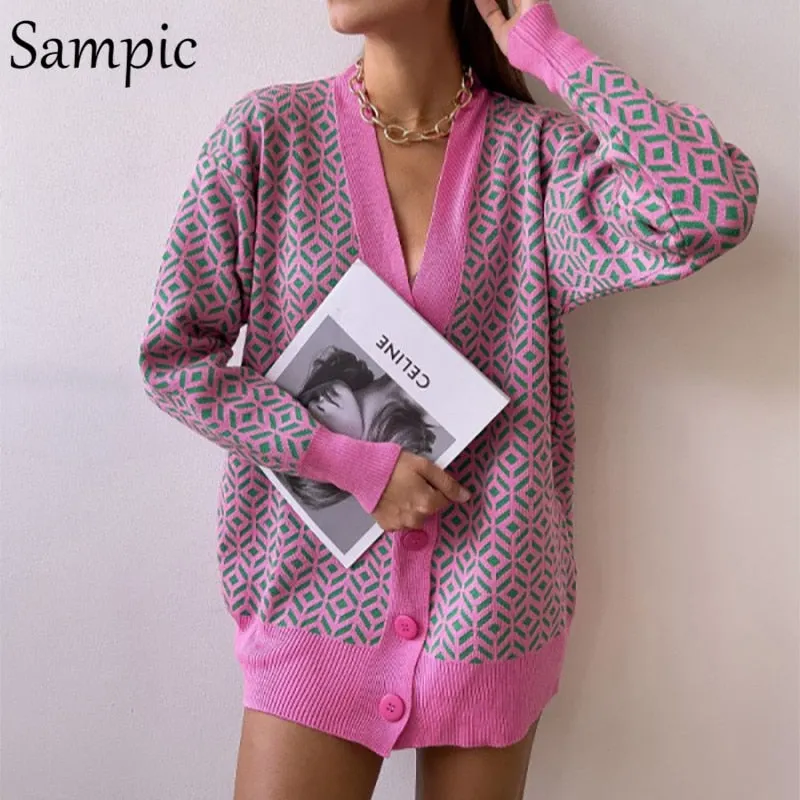 Joskaa Christmas Gift Sampic Loose Patchwork Knitwear Winter 2024 Women Cardigans Tops Oversized Long Sleeve Y2K V Neck Sweater Casual Fashion Tops