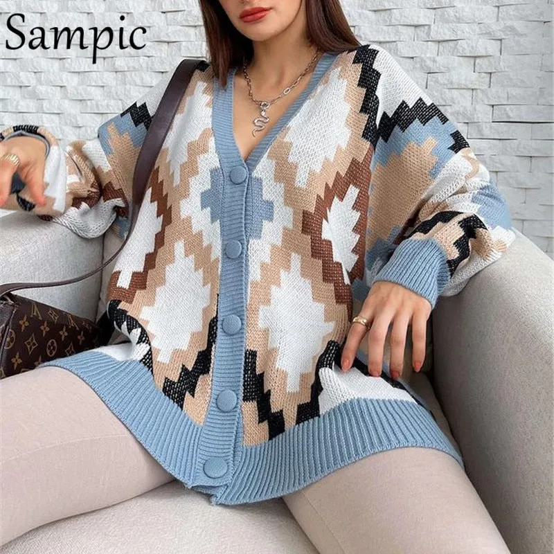 Joskaa Christmas Gift Sampic Loose Patchwork Knitwear Winter 2024 Women Cardigans Tops Oversized Long Sleeve Y2K V Neck Sweater Casual Fashion Tops