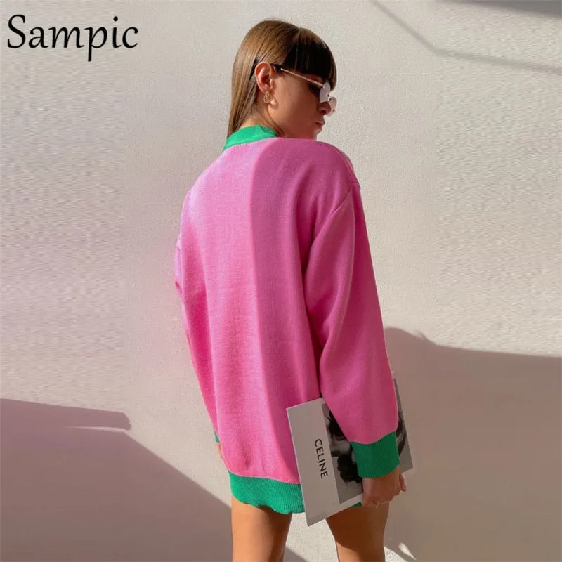 Joskaa Christmas Gift Sampic Loose Patchwork Knitwear Winter 2024 Women Cardigans Tops Oversized Long Sleeve Y2K V Neck Sweater Casual Fashion Tops