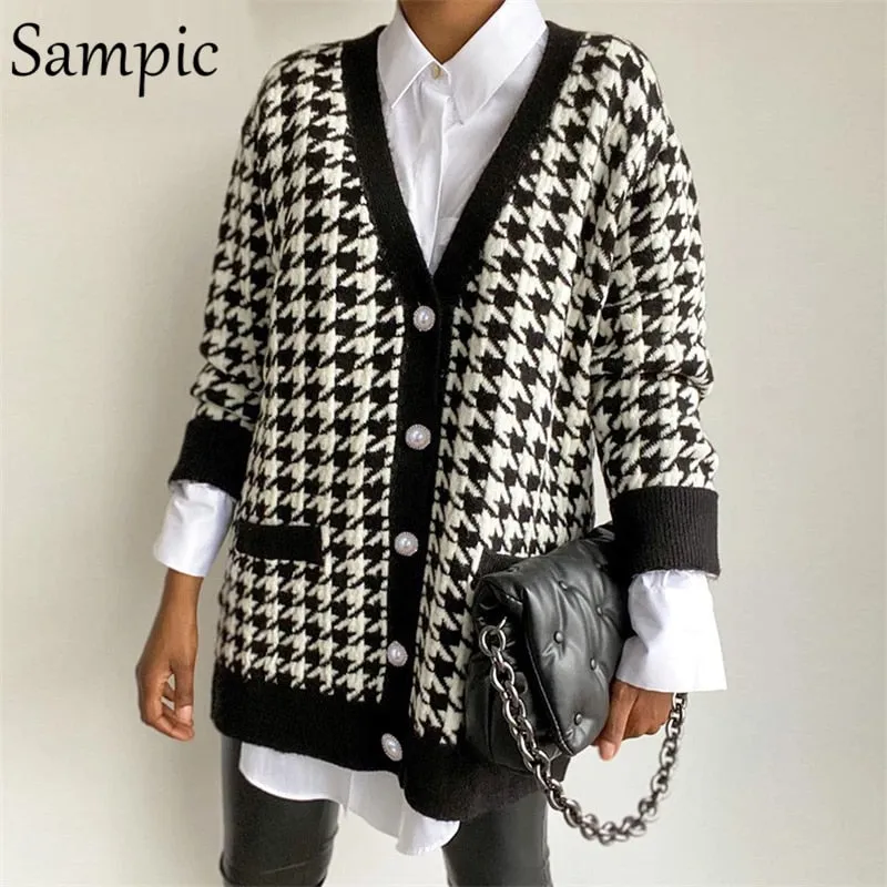 Joskaa Christmas Gift Sampic Loose Patchwork Knitwear Winter 2024 Women Cardigans Tops Oversized Long Sleeve Y2K V Neck Sweater Casual Fashion Tops