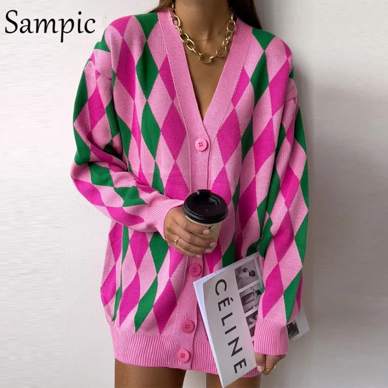 Joskaa Christmas Gift Sampic Loose Patchwork Knitwear Winter 2024 Women Cardigans Tops Oversized Long Sleeve Y2K V Neck Sweater Casual Fashion Tops