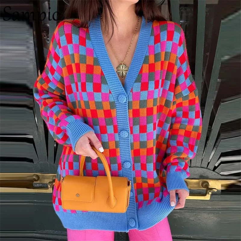 Joskaa Christmas Gift Sampic Loose Patchwork Knitwear Winter 2024 Women Cardigans Tops Oversized Long Sleeve Y2K V Neck Sweater Casual Fashion Tops