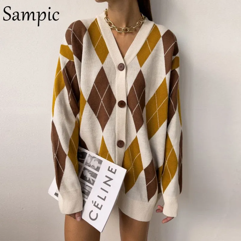 Joskaa Christmas Gift Sampic Loose Patchwork Knitwear Winter 2024 Women Cardigans Tops Oversized Long Sleeve Y2K V Neck Sweater Casual Fashion Tops