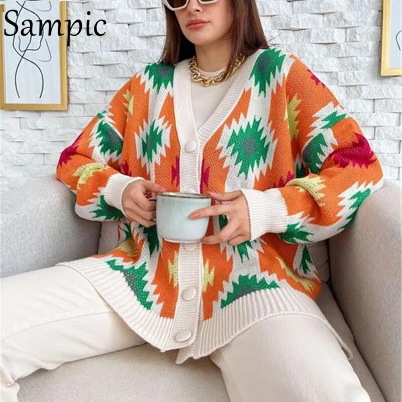 Joskaa Christmas Gift Sampic Loose Patchwork Knitwear Winter 2024 Women Cardigans Tops Oversized Long Sleeve Y2K V Neck Sweater Casual Fashion Tops