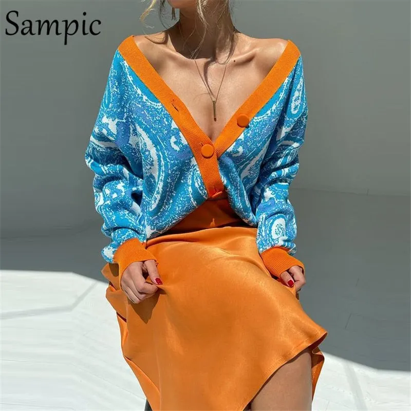 Joskaa Christmas Gift Sampic Loose Patchwork Knitwear Winter 2024 Women Cardigans Tops Oversized Long Sleeve Y2K V Neck Sweater Casual Fashion Tops