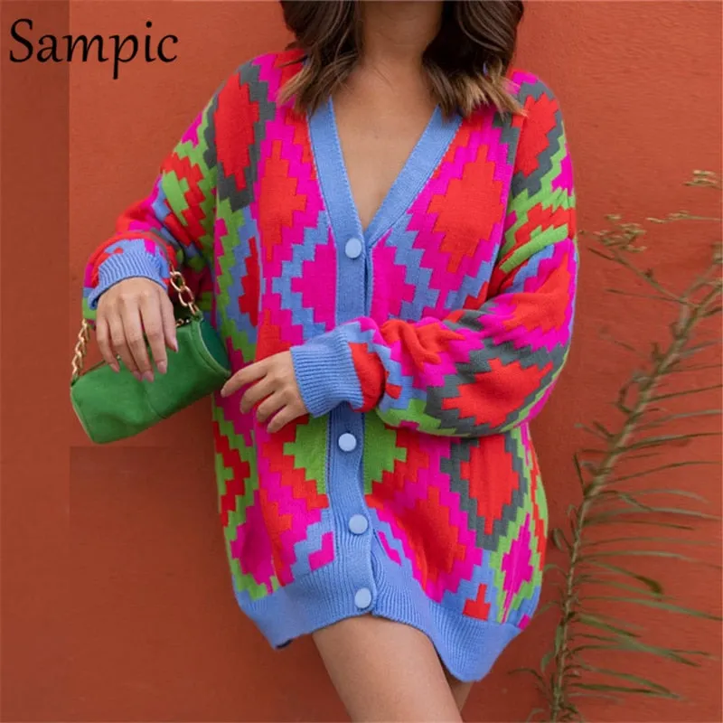 Joskaa Christmas Gift Sampic Loose Patchwork Knitwear Winter 2024 Women Cardigans Tops Oversized Long Sleeve Y2K V Neck Sweater Casual Fashion Tops
