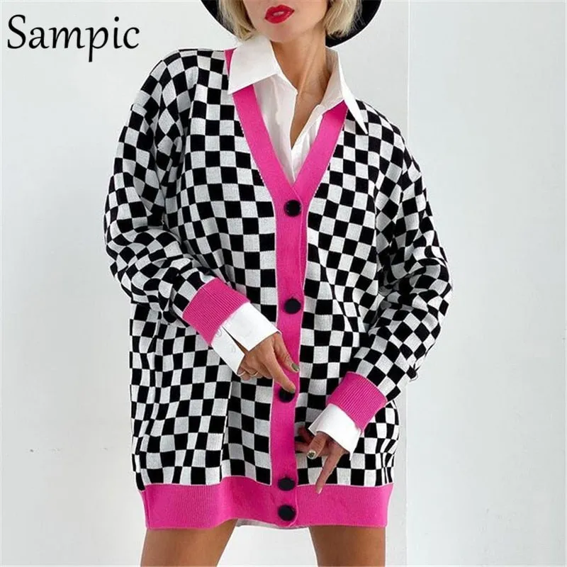 Joskaa Christmas Gift Sampic Loose Patchwork Knitwear Winter 2024 Women Cardigans Tops Oversized Long Sleeve Y2K V Neck Sweater Casual Fashion Tops