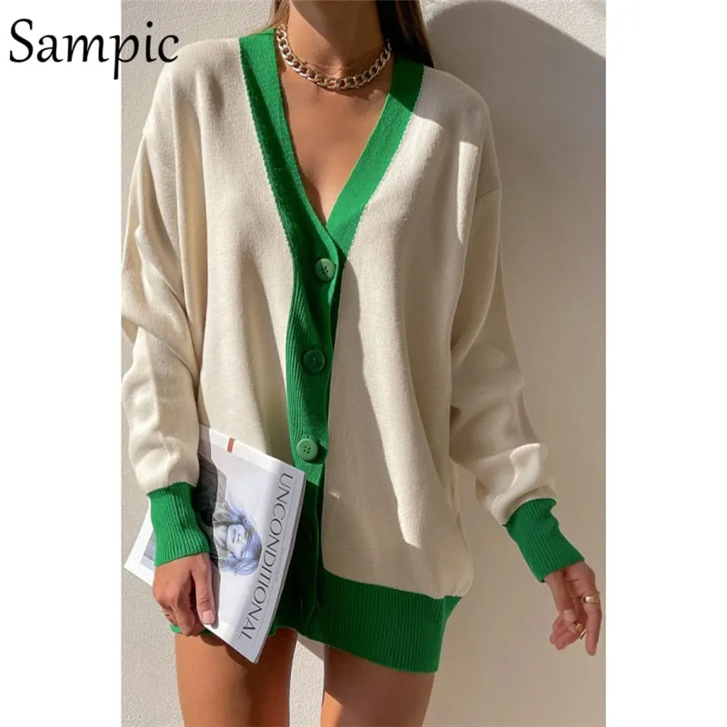 Joskaa Christmas Gift Sampic Loose Patchwork Knitwear Winter 2024 Women Cardigans Tops Oversized Long Sleeve Y2K V Neck Sweater Casual Fashion Tops